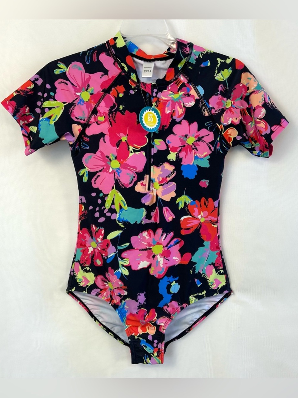 NWT Girls 13/14 Short Sleeve SPF 50 Floral 1/2 Zip Swimsuit